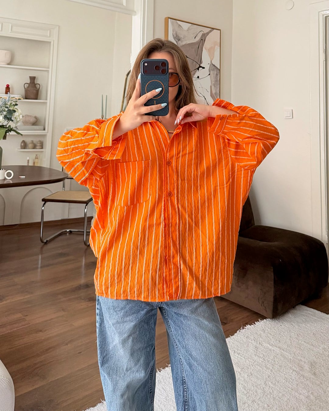 Turuncu Çizgili Oversize Gömlek