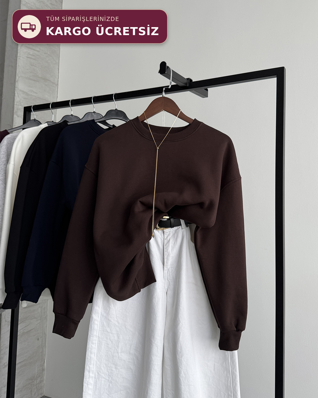 Unisex Düz Kahverengi Sweatshirt