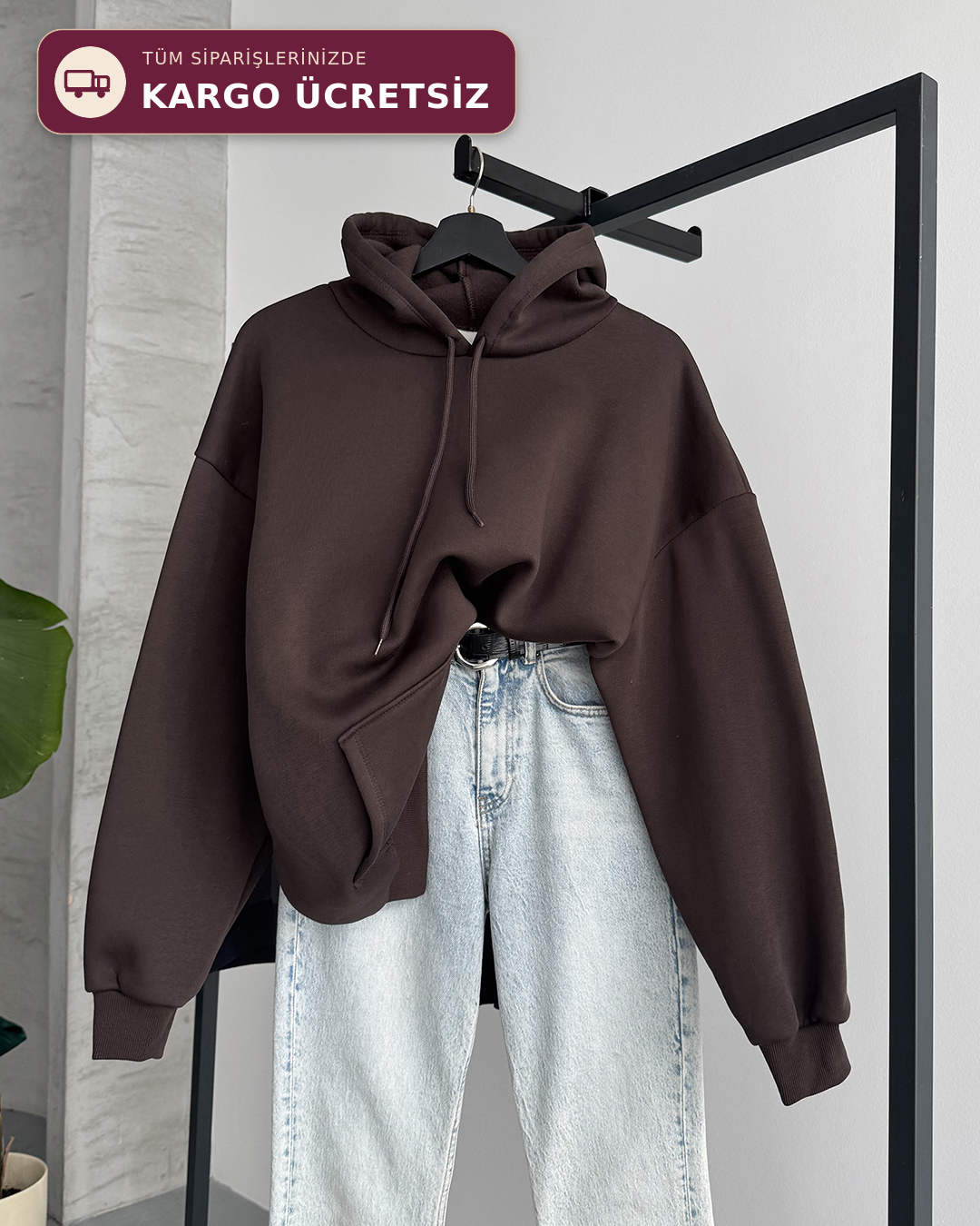 Unisex Kanguru Cepli Kapüşonlu Kahverengi Sweatshirt