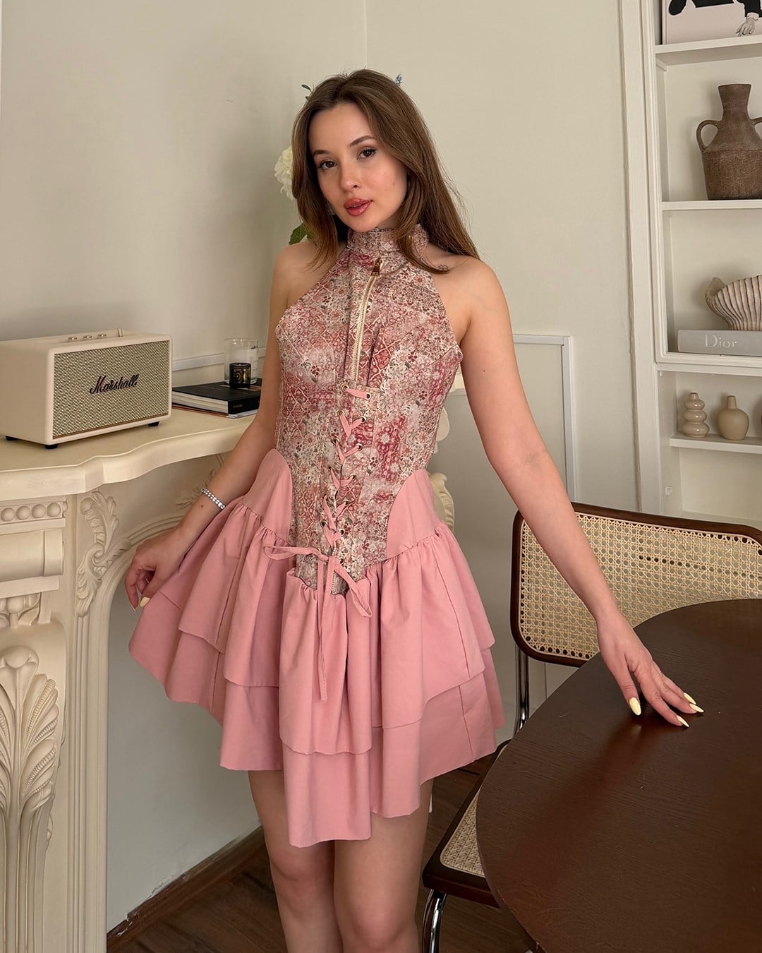 Vintage Çiçekli Halter Yaka Korse Elbise 