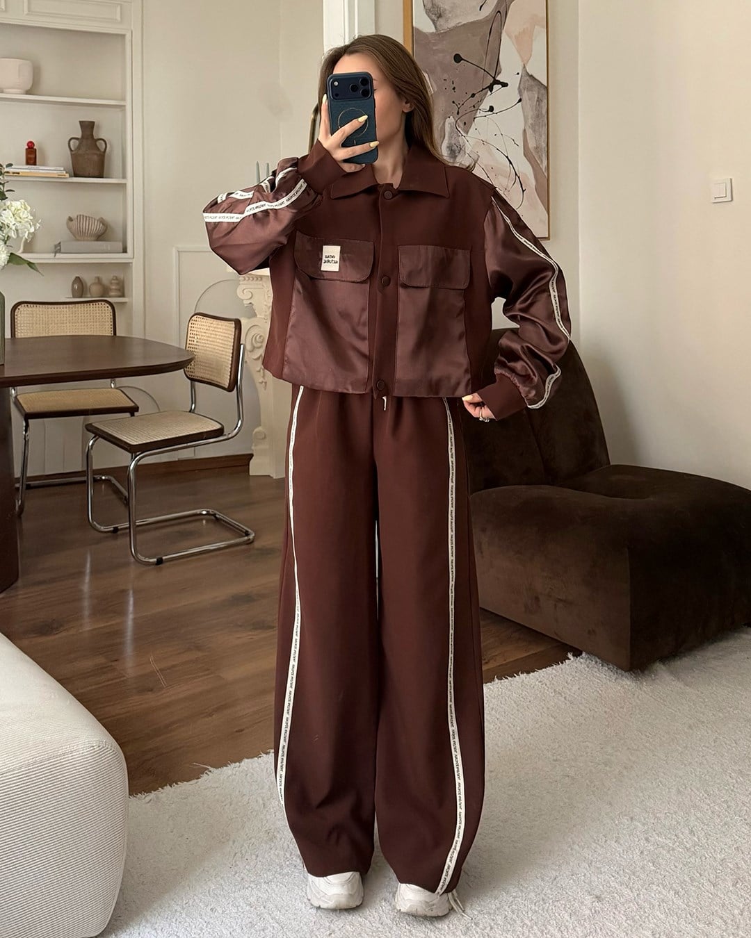 Vintage Saten Detaylı Bomber Ceket Kahverengi İkili Takım