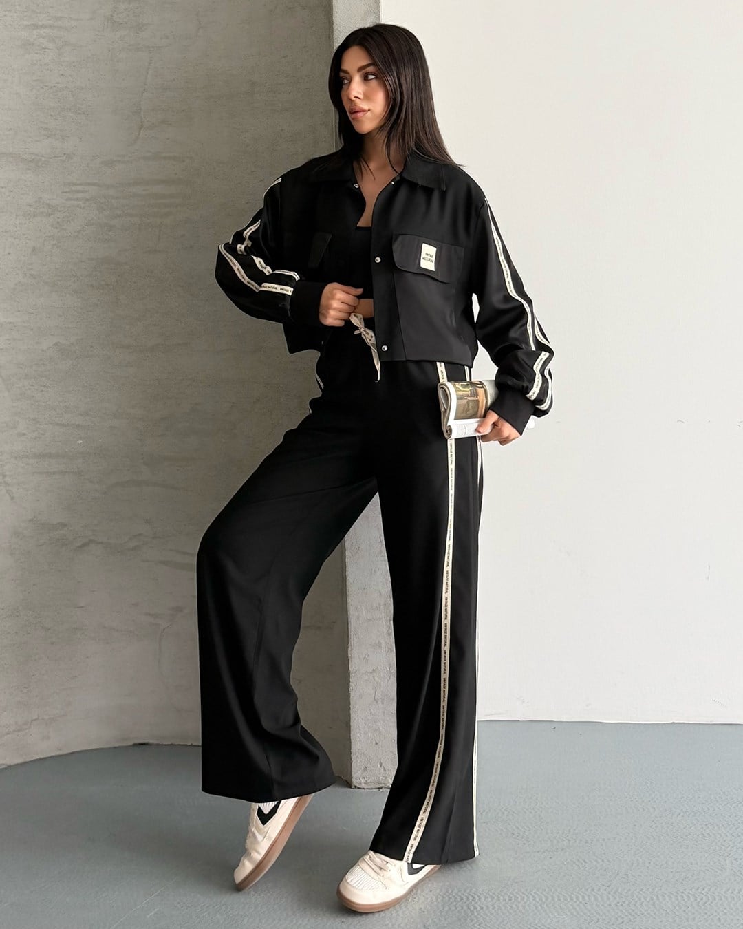 Vintage Saten Detaylı Bomber Ceket Siyah İkili Takım