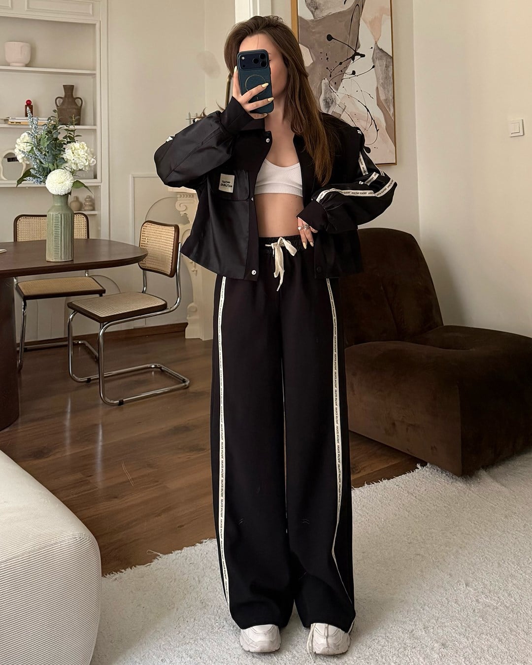Vintage Saten Detaylı Bomber Ceket Siyah İkili Takım
