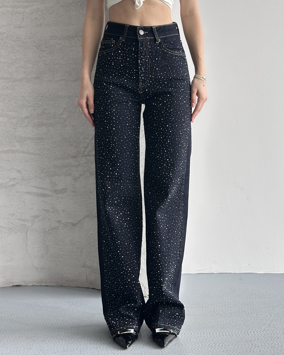 Wide Leg Taşlı Lacivert Jean Pantolon