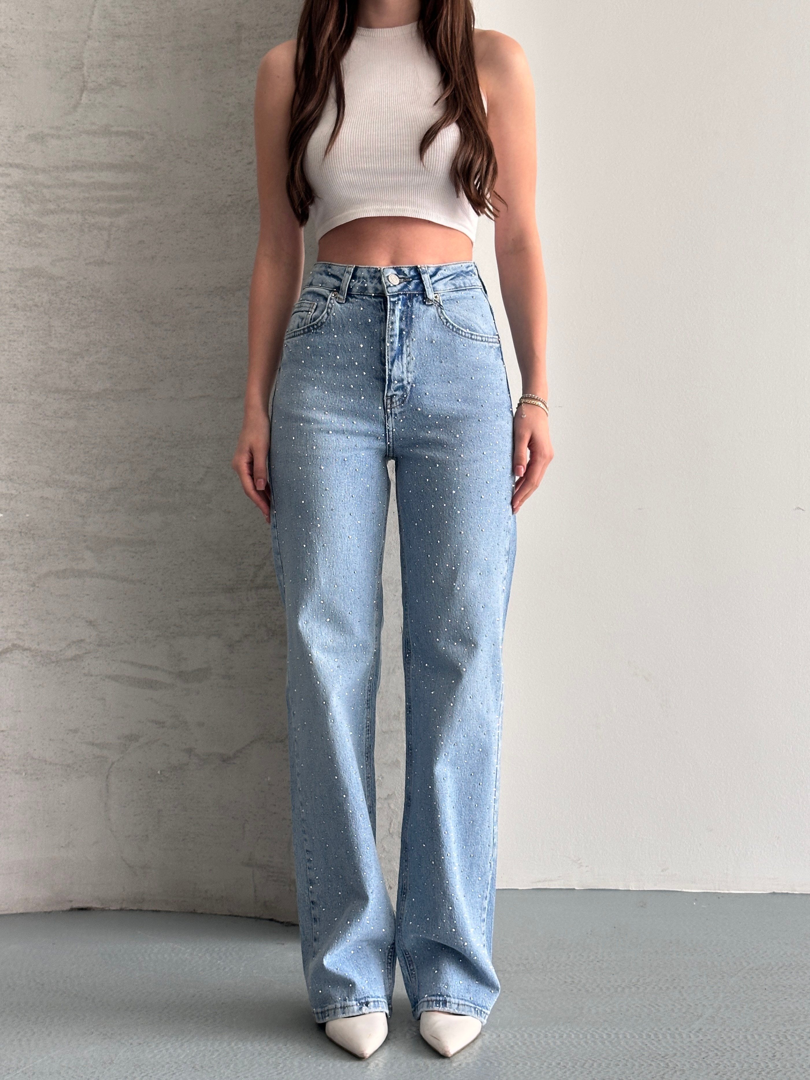 Wide Leg Taşlı Mavi Jean Pantolon