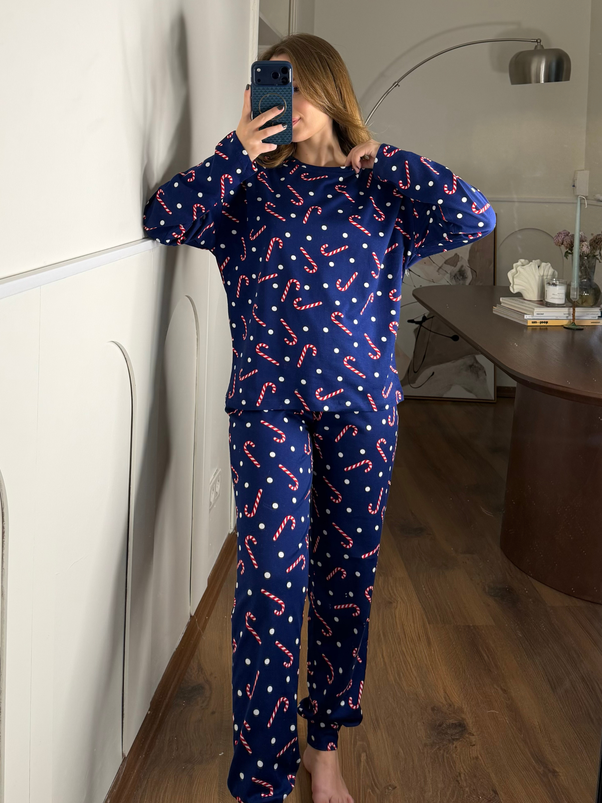 Yılbaşı Şekeri Desenli Lacivert Pijama Takımı