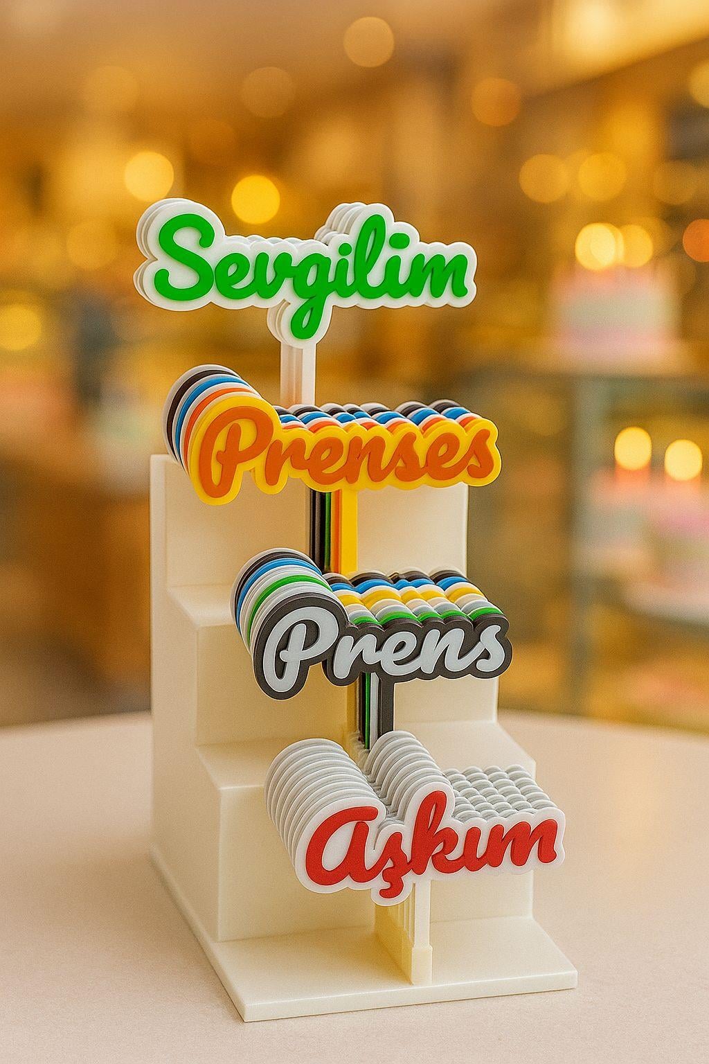 3D Renkli Yazılı Pasta Süsü Seti 🎂 | Sevgilim, Prenses, Prens, Aşkım Yazıları