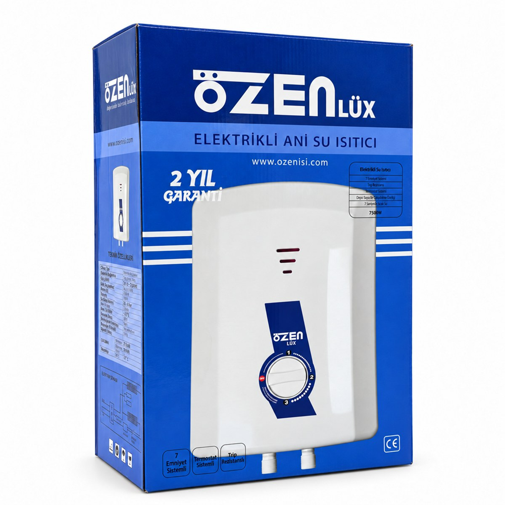 Özen Lüx Elektrikli Ani Su Isıtıcı Şofben 7500 W - 3 Kademeli, 7 Emniyet Sistemli, Termostatlı