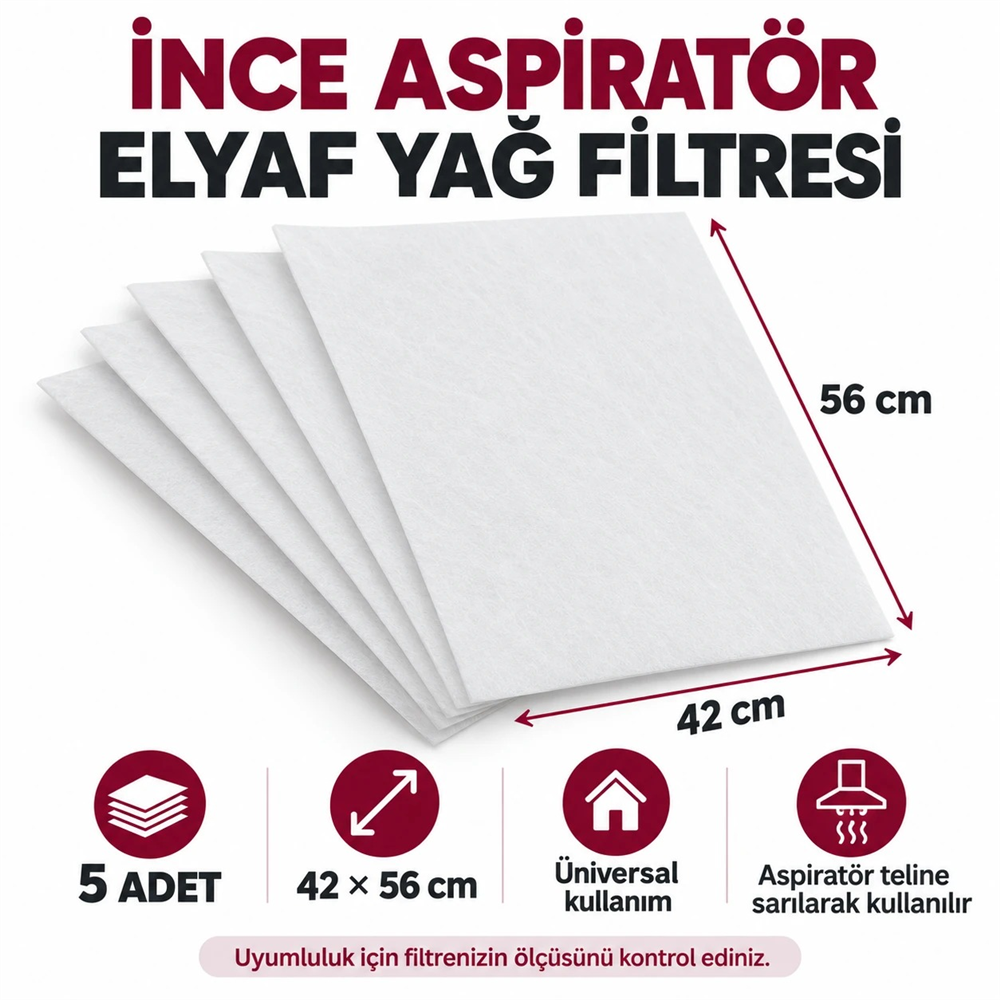 Universal 42 x 56 cm İnce Aspiratör Davlumbaz Elyaf Yağ Filtresi - 5 Adet