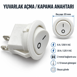 Universal Yuvarlak Işıksız Açma Kapama Anahtarı - 6A 250V - Beyaz