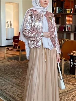 Payetli Bomber Ceket Rose Gold{NASİMA}{TUNİK}Payetli Bomber CeketCeket