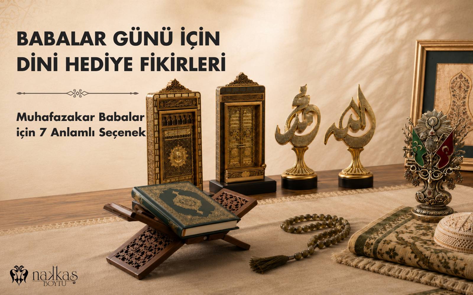 Muhafazakar babalar için hazırlanan Babalar Günü görselinde Kur'an-ı Kerim, rahle, tesbih, seccade ve İslami dekoratif hediyeler yer almaktadır.
