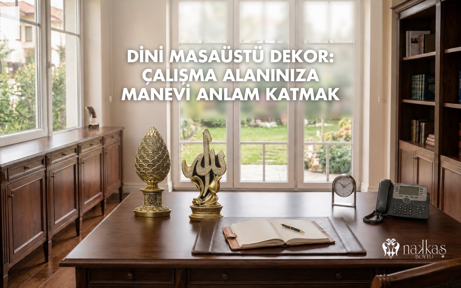 Ahşap bir çalışma masası üzerinde altın tonlu Kozalak Boytu ve sedef detaylı Sülüs Boytu eserleri, kitaplık ve pencere manzaralı bir çalışma odasında dini masaüstü dekor olarak sergileniyor.