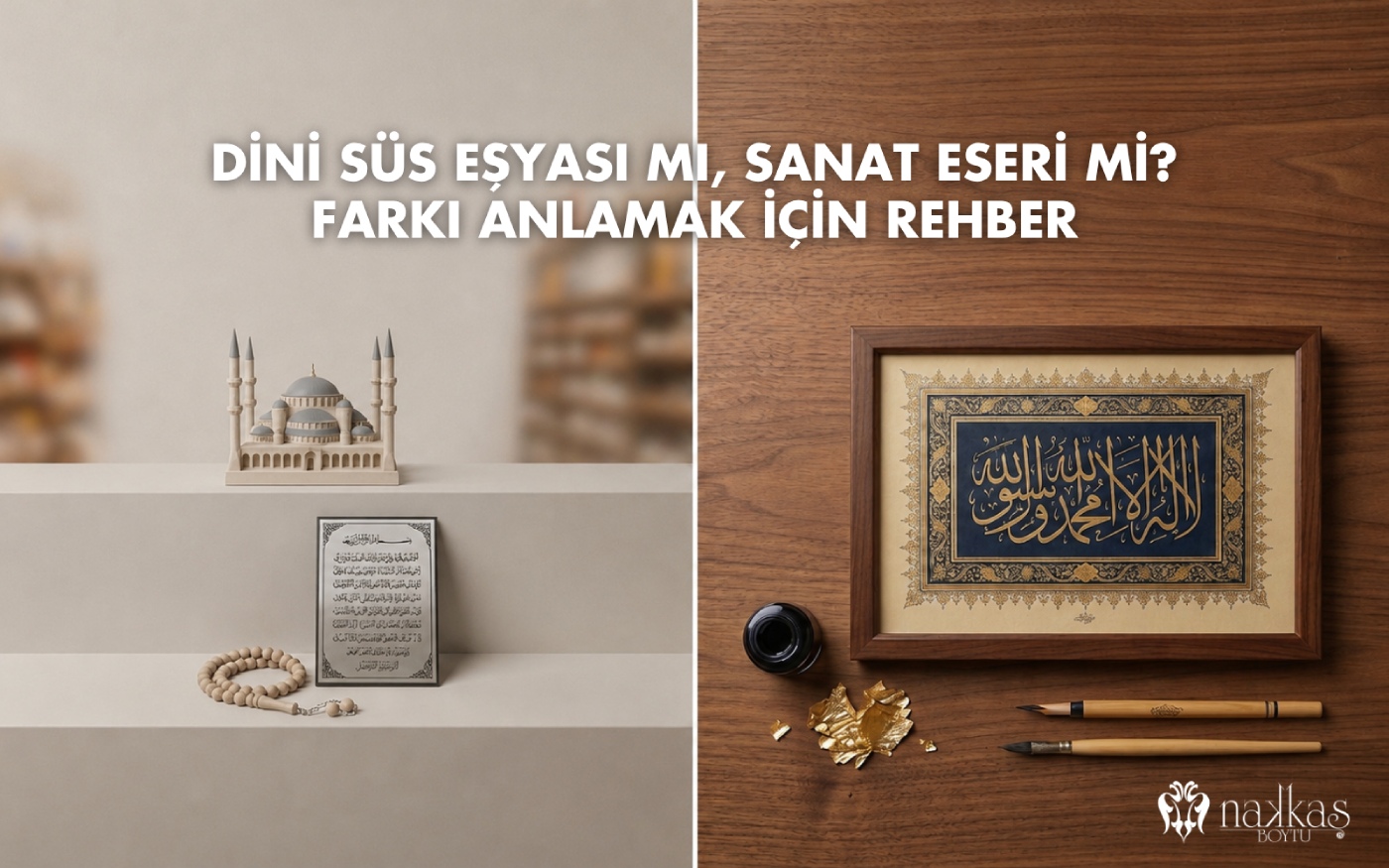 Dini süs eşyası ile hat sanatı eseri arasındaki farkı gösteren, seri üretim cami maketi ile el işçiliği çerçeveli hat levhasının karşılaştırıldığı görsel