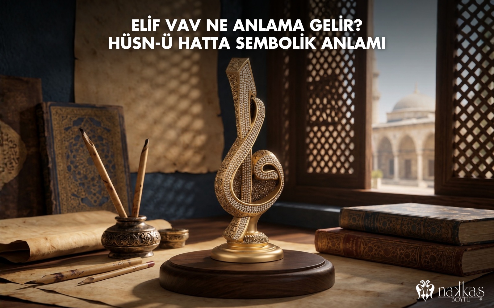 Kristal taş detaylı altın tonlu Elif Vav Boytu eseri, kalemler, kitaplar ve el yazması sayfalarıyla donatılmış bir hattat masasında, arka planda cami manzarasıyla sergileniyor.