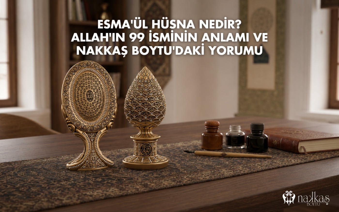 Allah'ın 99 güzel isminin nakşedildiği altın tonlu Oval ve Kozalak Esma-ül Hüsna Boytu eserleri, hat malzemeleri (mürekkep şişeleri, kalem, mushaf) ile birlikte kütüphane atmosferinde bir masa üzerinde sergileniyor.