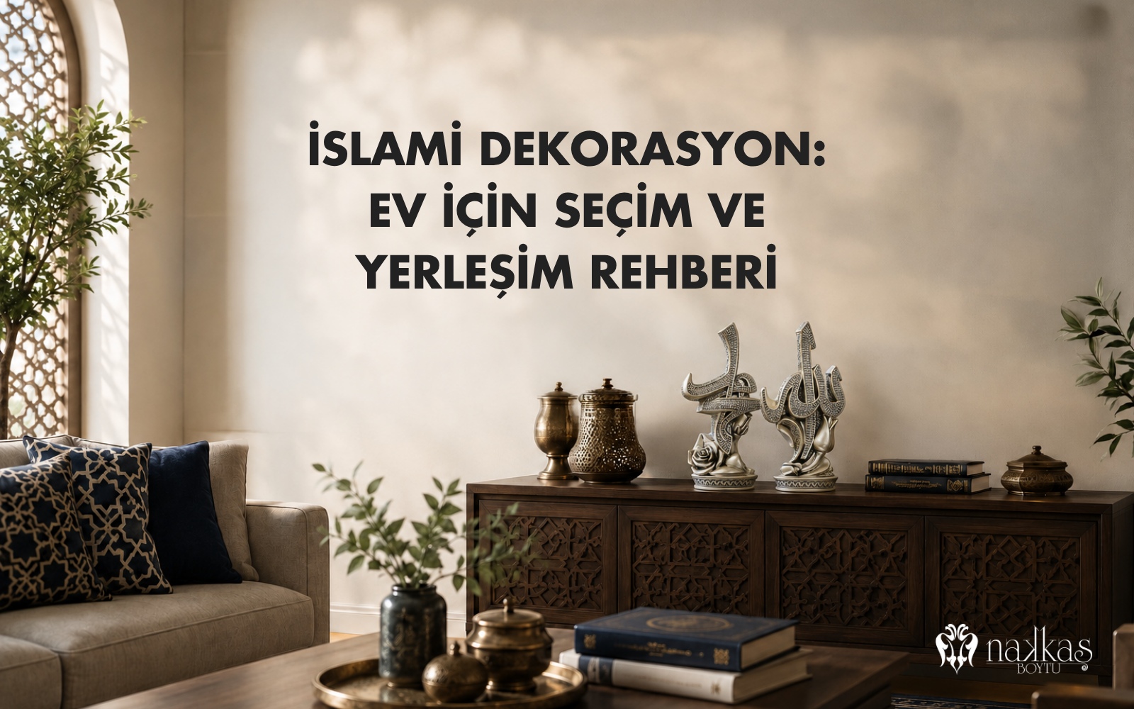 İslami dekorasyon temalı oturma odasında, ahşap konsol üzerinde sedef ve metal işçilikli Nakkaş Boytu hat sanatı eserleri, geometrik desenli yastıklar ve mushaflarla oluşturulmuş dekorasyon düzeni.