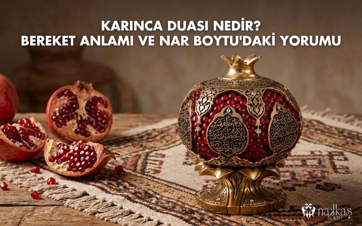 Kırmızı kristal taş ve altın tonlu işçilikle üretilmiş nar formunda Nar Boytu eseri, gerçek nar meyveleri ve geleneksel kilim dokusu üzerinde sergileniyor.