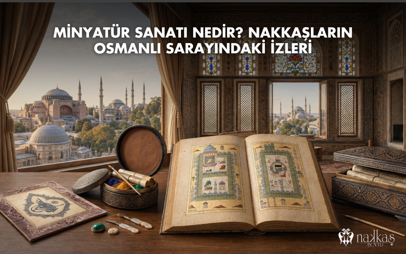 Açık bir minyatür elyazması, tuğra hattı, mühür ve nakkaş atölye malzemeleriyle donatılmış bir Osmanlı saray odası masası, pencereden İstanbul silüetinin göründüğü bir kompozisyonda sergileniyor.