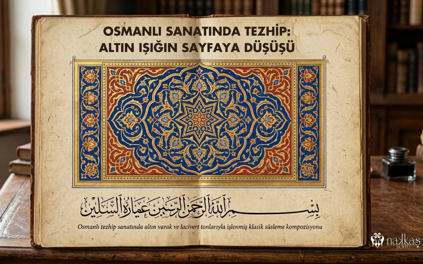 Osmanlı tezhip sanatında altın varak, lacivert ve kırmızı tonlarla işlenmiş klasik süsleme kompozisyonu, açık bir el yazması sayfasında Besmele hattı ile birlikte sergileniyor.