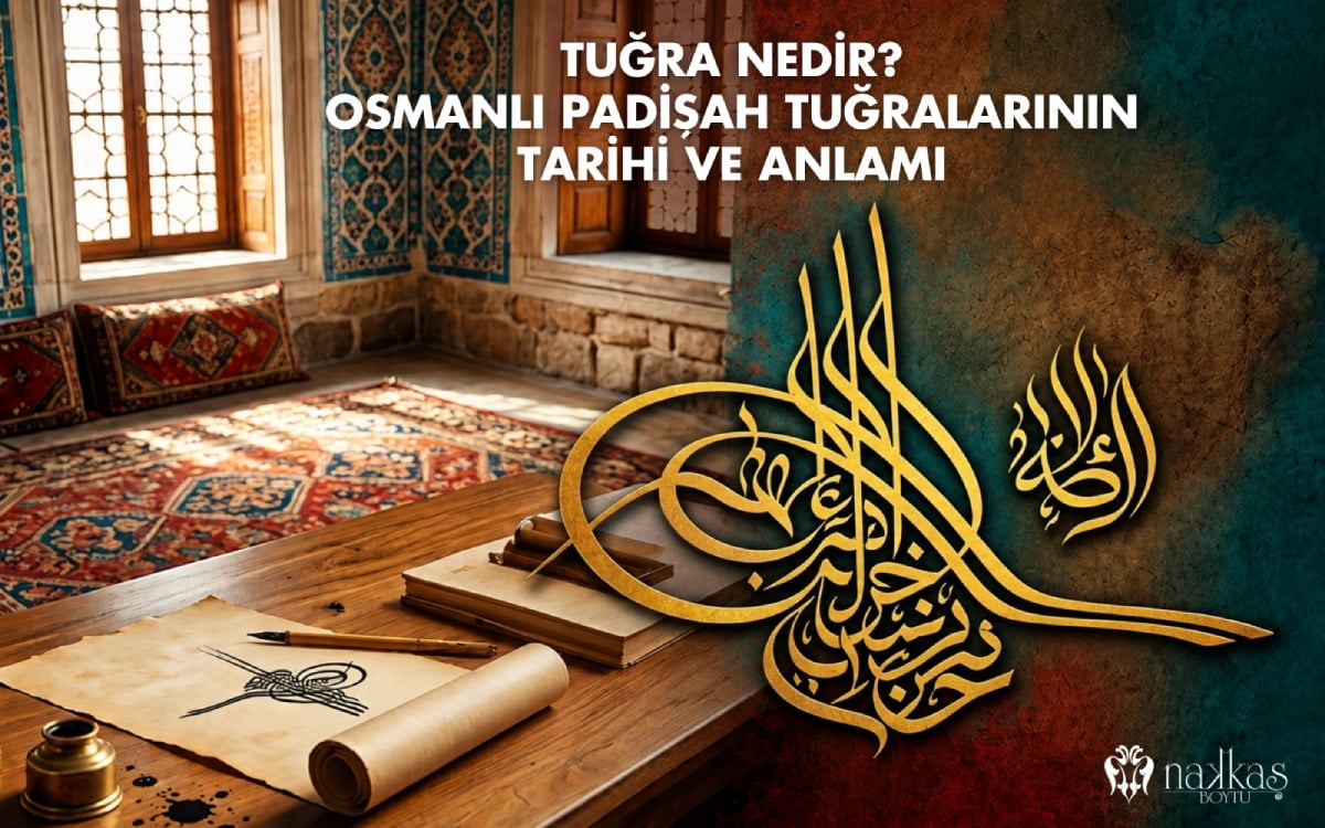 Altın tonlu büyük ölçekli bir Osmanlı padişah tuğrası kompozisyonu, divanhane atmosferinde çini duvarlar, kilim ve ferman yazım masası ile birlikte tasvir ediliyor.