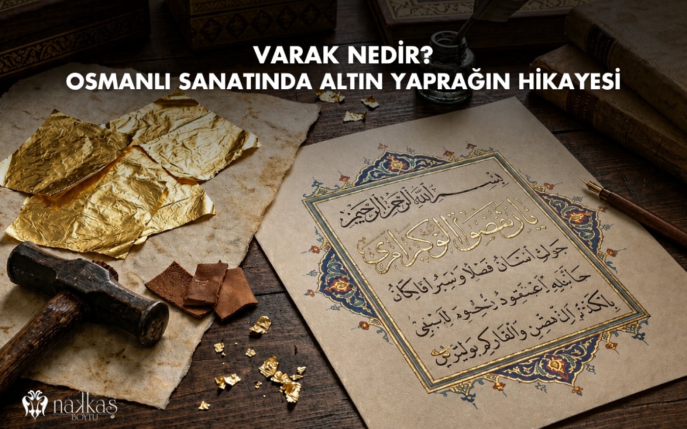 Varakçılık aletleri (tokmak, deri tabaka), ince altın yaprak parçaları ve tezhipli bir hat levhası, ahşap bir atölye masasında eski kitaplarla birlikte sergileniyor.