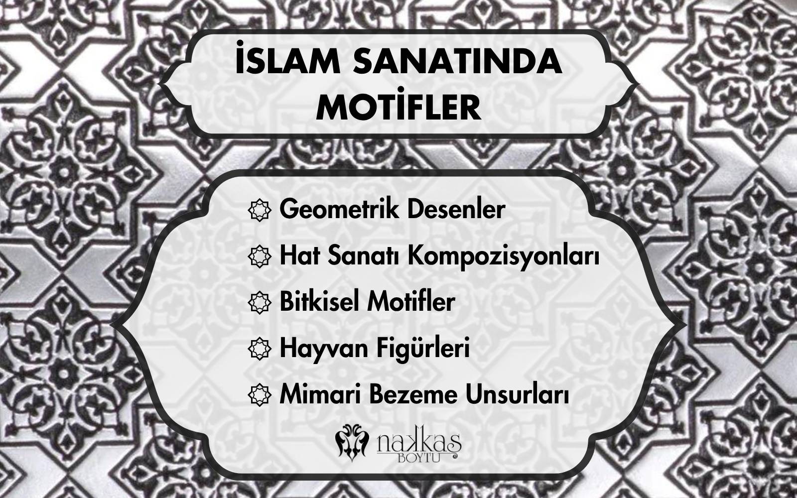Geometrik desenler, hat sanatı, bitkisel motifler ve mimari bezemeleri içeren İslam sanatı motifleri infografiği