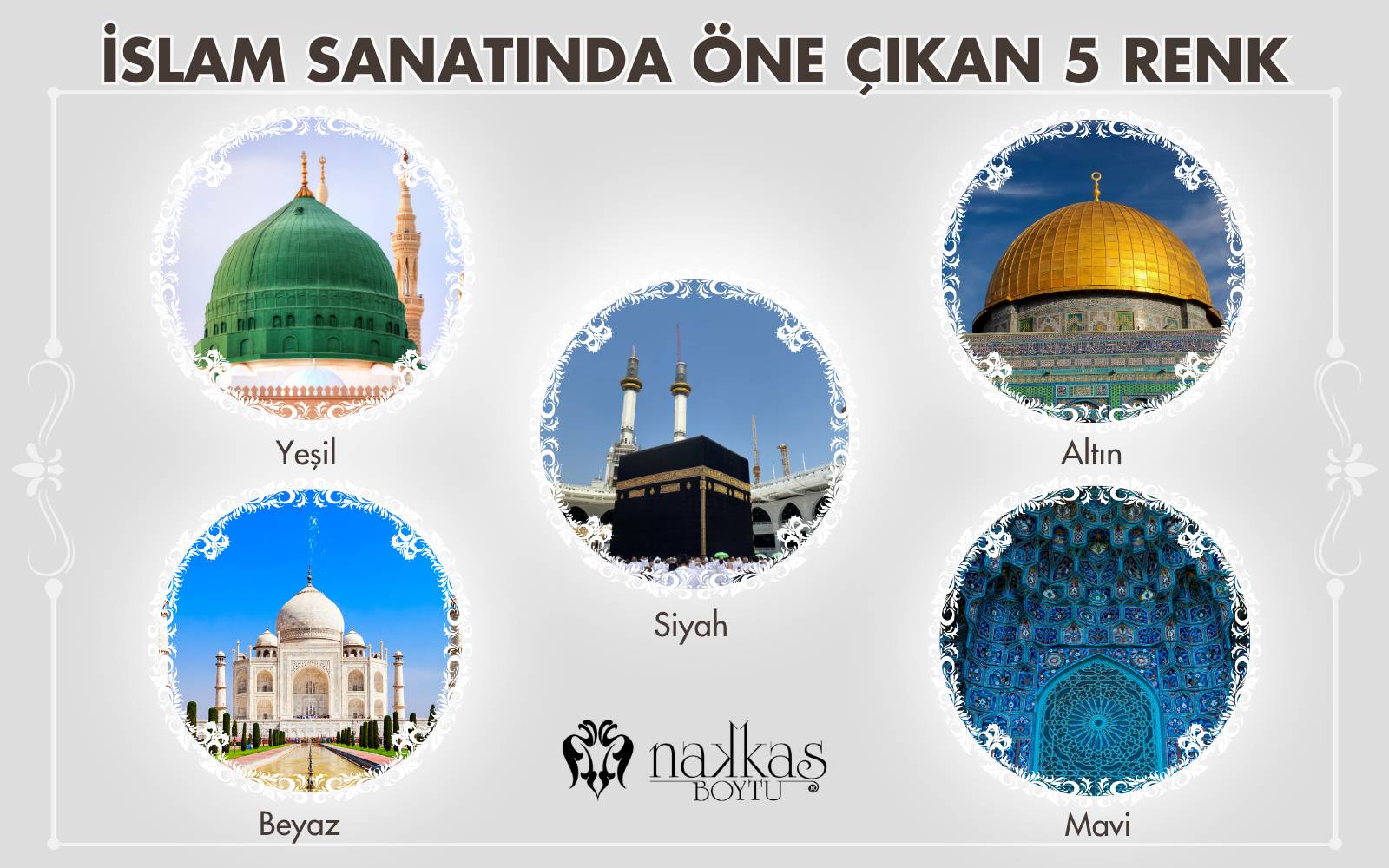 Yeşil kubbe, altın kubbe, Kâbe, beyaz mermer yapı ve mavi çini örnekleriyle İslam sanatındaki 5 önemli rengi anlatan görsel.