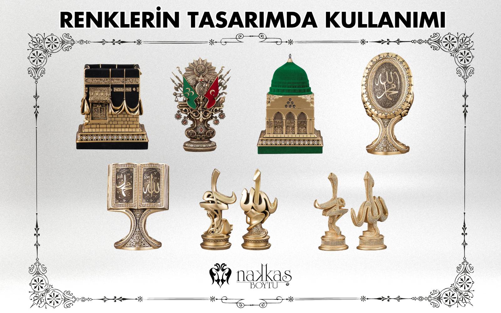 Kâbe, yeşil kubbe, hat sanatı ve altın işlemeli İslami dekoratif objelerle renklerin tasarımda kullanımını gösteren görsel.