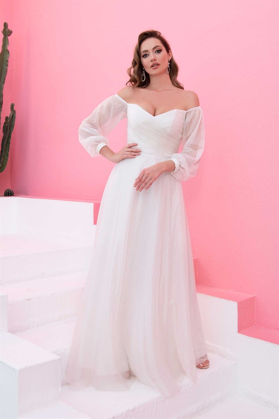 55671-6CARMENCarmen Ekru Simli Carmen Yaka Uzun Kollu Nikah Abiye Elbise