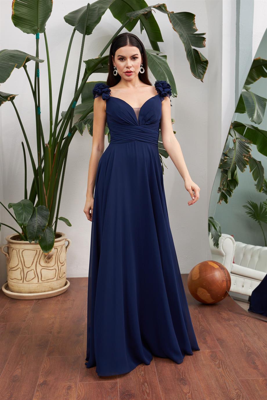58068-14CARMENCarmen Lacivert Şifon Çiçekli Uzun Abiye Elbise