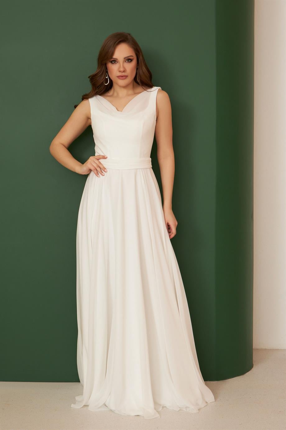 58072-6CARMENCarmen Ekru Şifon Degaje Yaka Uzun Nikah Elbisesi