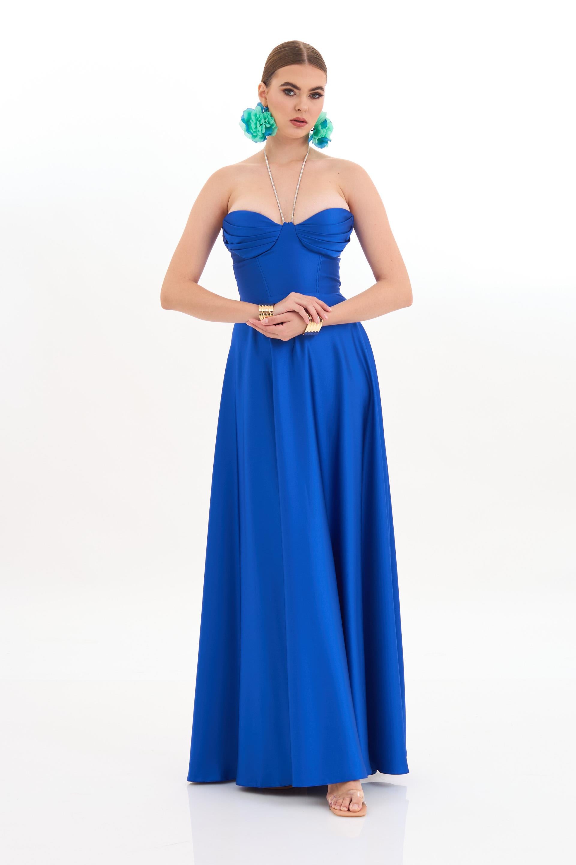 58130-25CARMENCarmen Saks Saten Straplez Uzun Abiye Elbise ve Davet Elbisesi