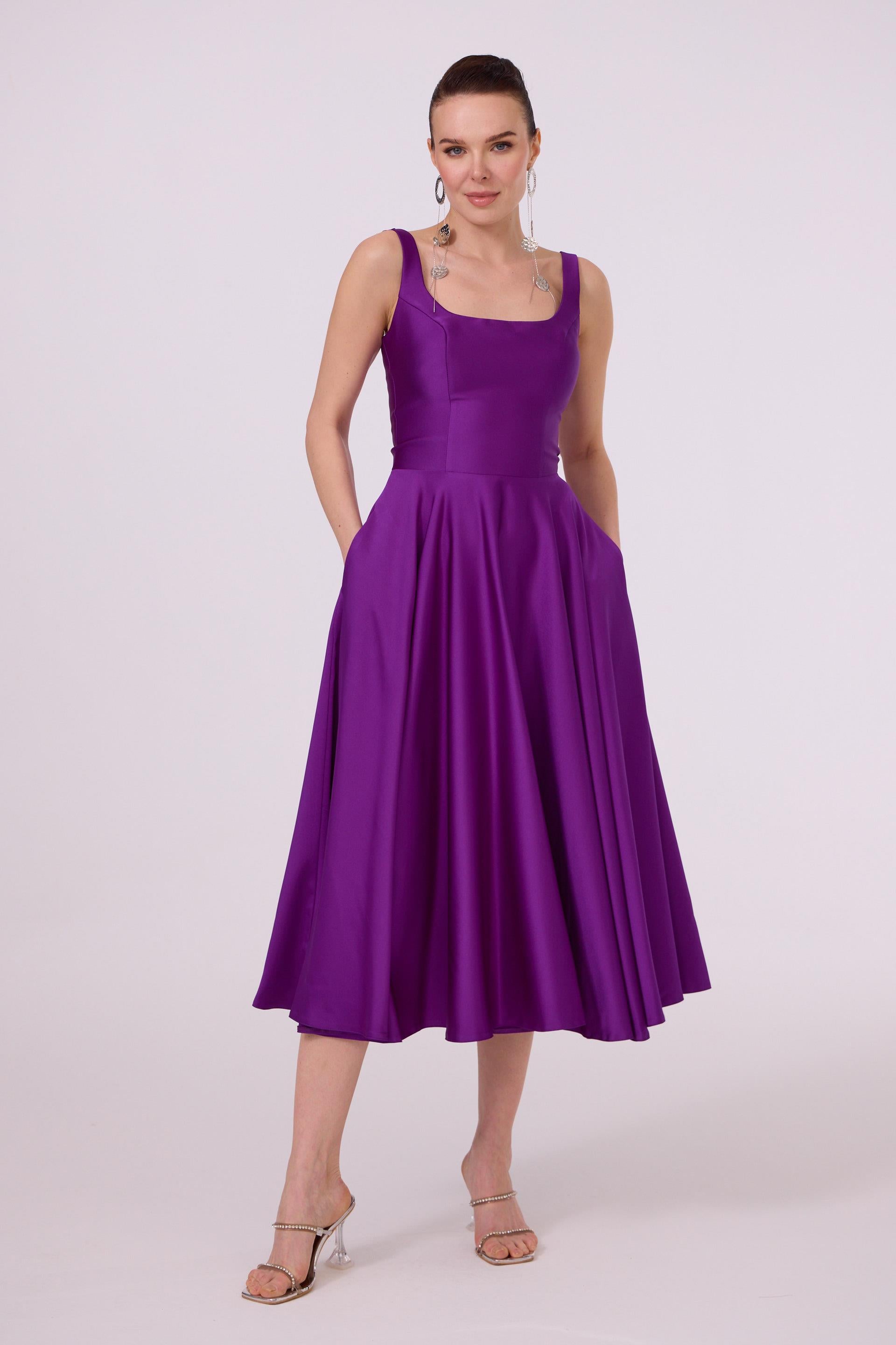 58131-19CARMENCarmen Mor Sırt Dekolteli Midi Saten Abiye Elbise