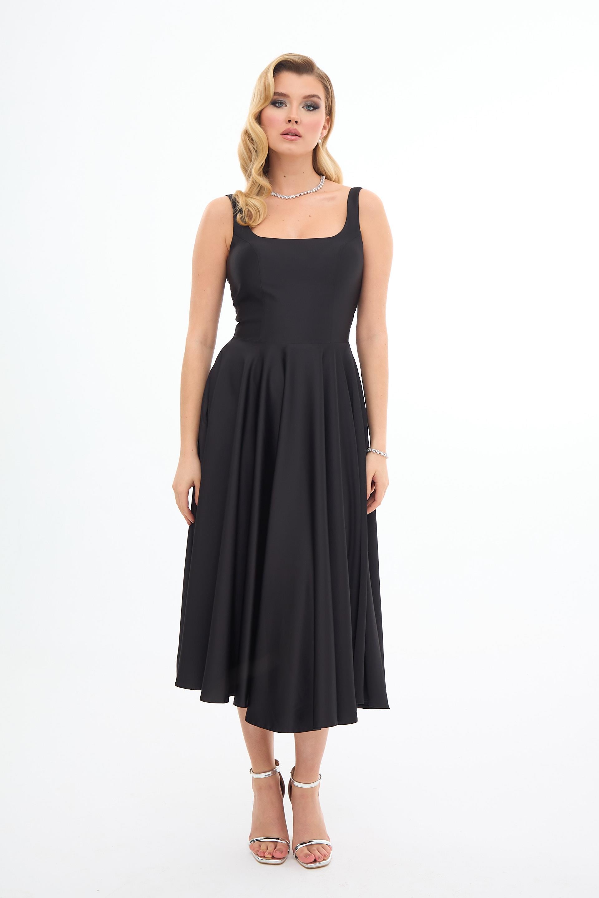 58131-27CARMENCarmen Siyah Sırt Dekolteli Midi Saten Abiye Elbise
