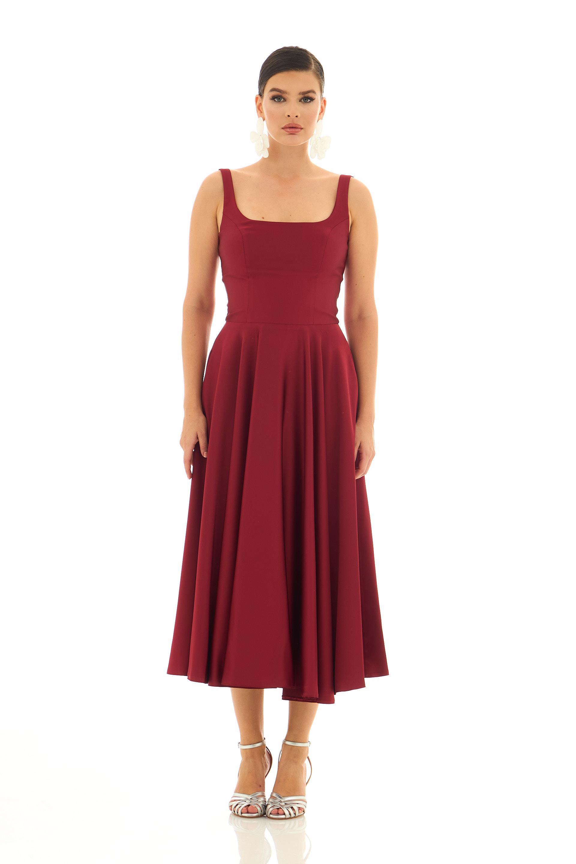 58131-3CARMENCarmen Bordo Sırt Dekolteli Midi Saten Abiye Elbise
