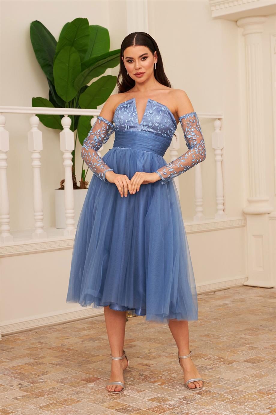 58179-54CARMENCarmen İndigo Tül Midi Nişan ve Söz Elbisesi