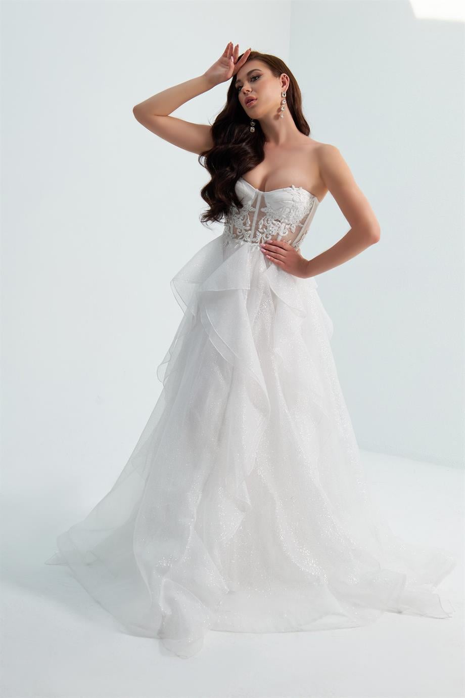 58186-6CARMENCarmen Ekru Simli Tül İşlemeli Straplez Nikah ve Dış Çekim Elbisesi