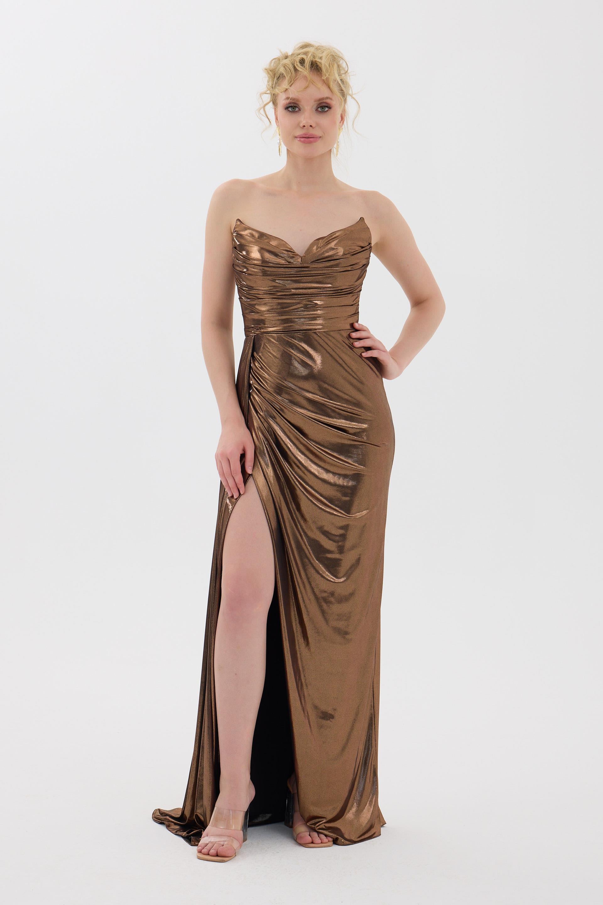 58310-52CARMENCarmen Bakır Parlak Örme Straplez Uzun Abiye Elbise