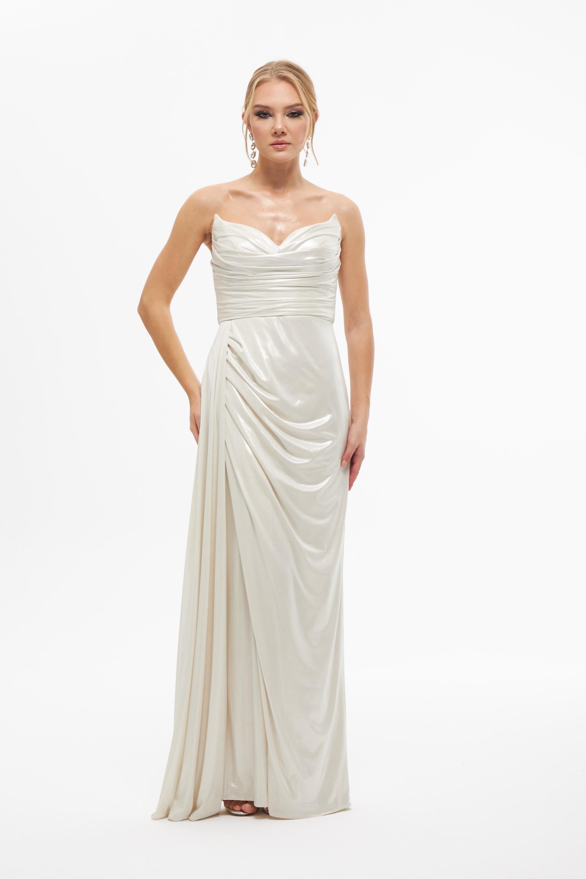 58310-6CARMENCarmen Ekru Parlak Örme Straplez Uzun Nikah Elbisesi