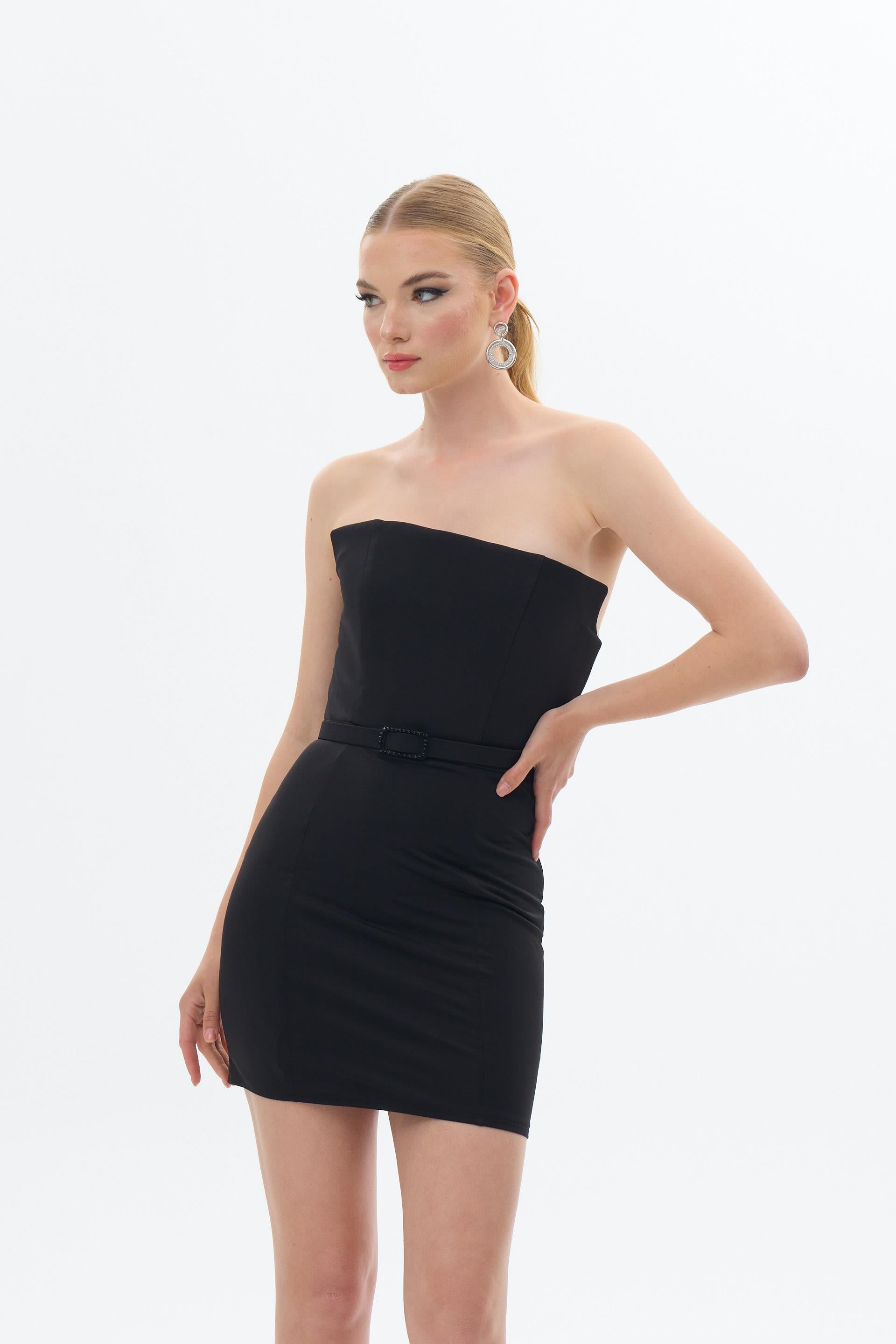 58347-27CARMENCarmen Siyah Straplez Kemerli Venezia Abiye Elbise