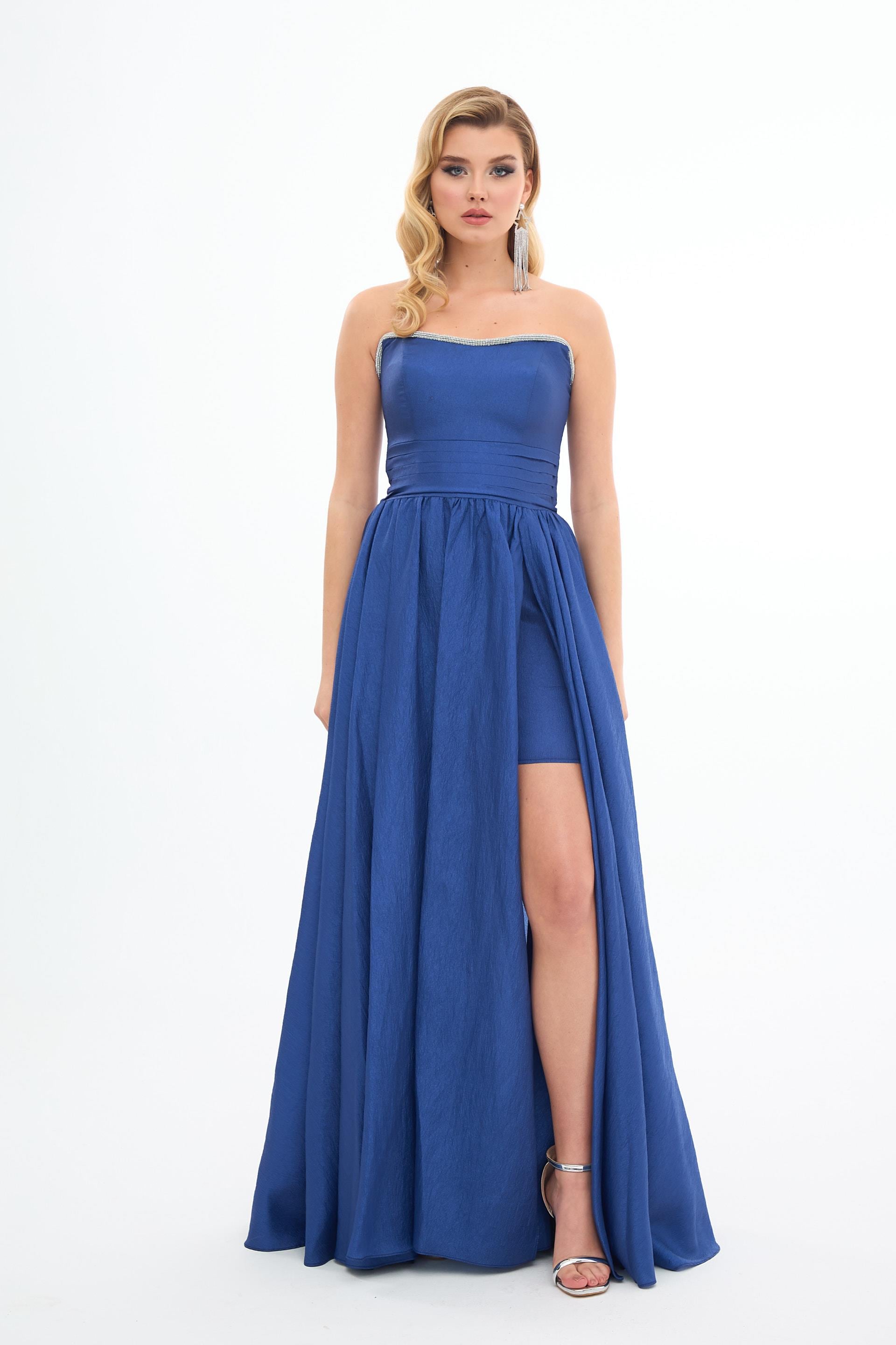 58371-14CARMENCarmen Lacivert Taşlı Straplez Tafta Abiye Elbise