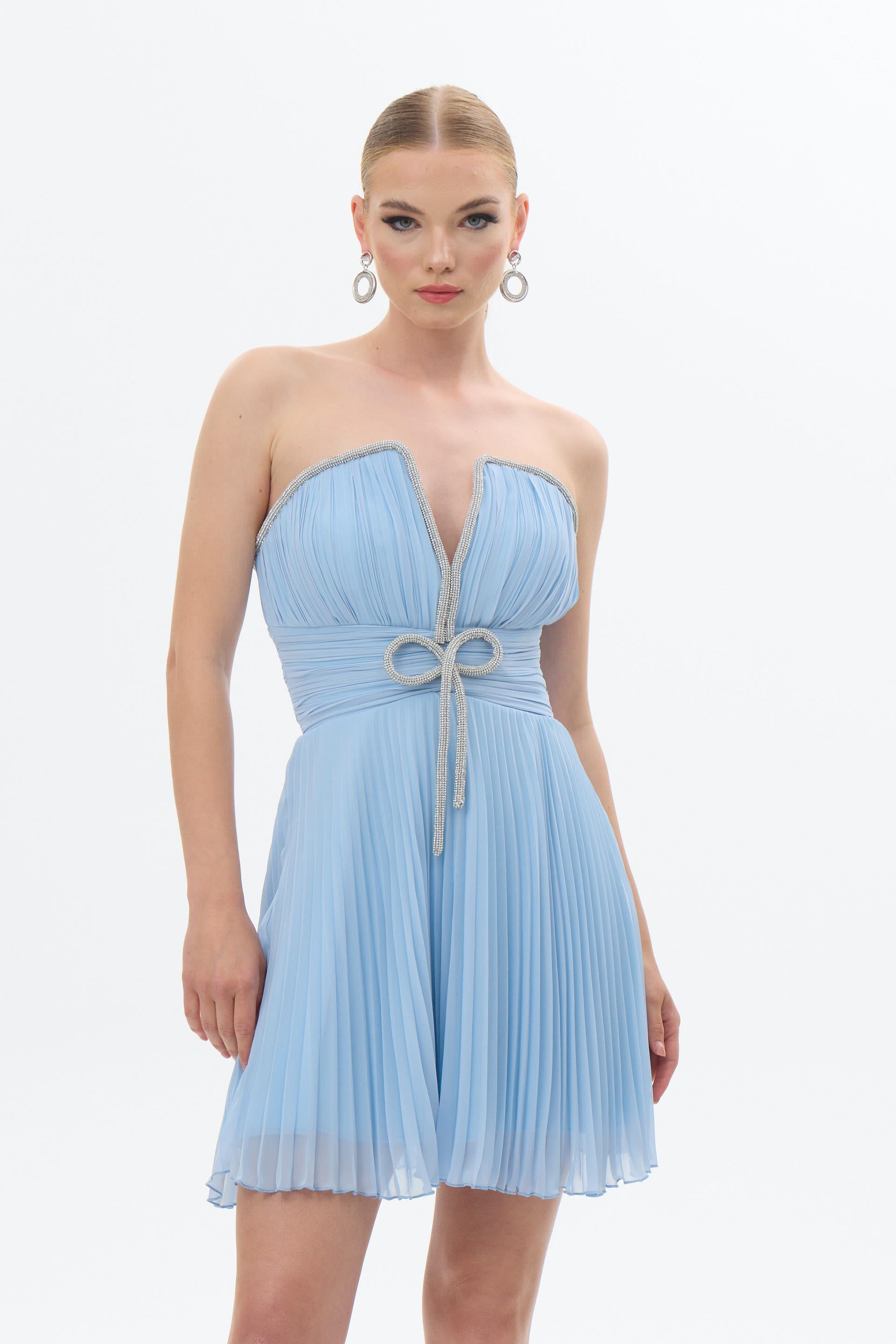58387-1CARMENCarmen Bebe Mavi Taşlı Straplez Şifon Abiye Elbise