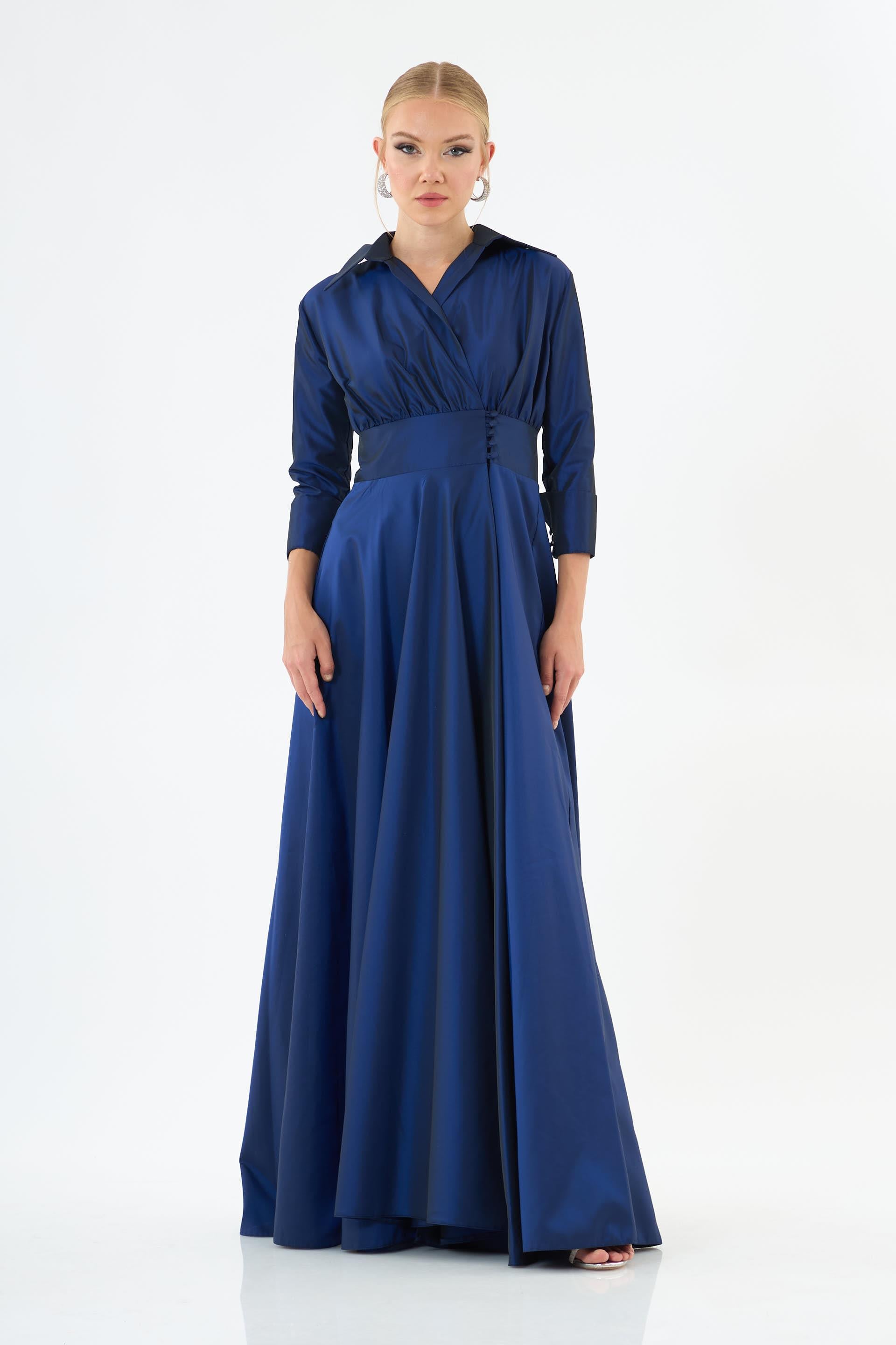 58390-14CARMENCarmen Lacivert Uzun Kollu Tafta Abiye Elbise