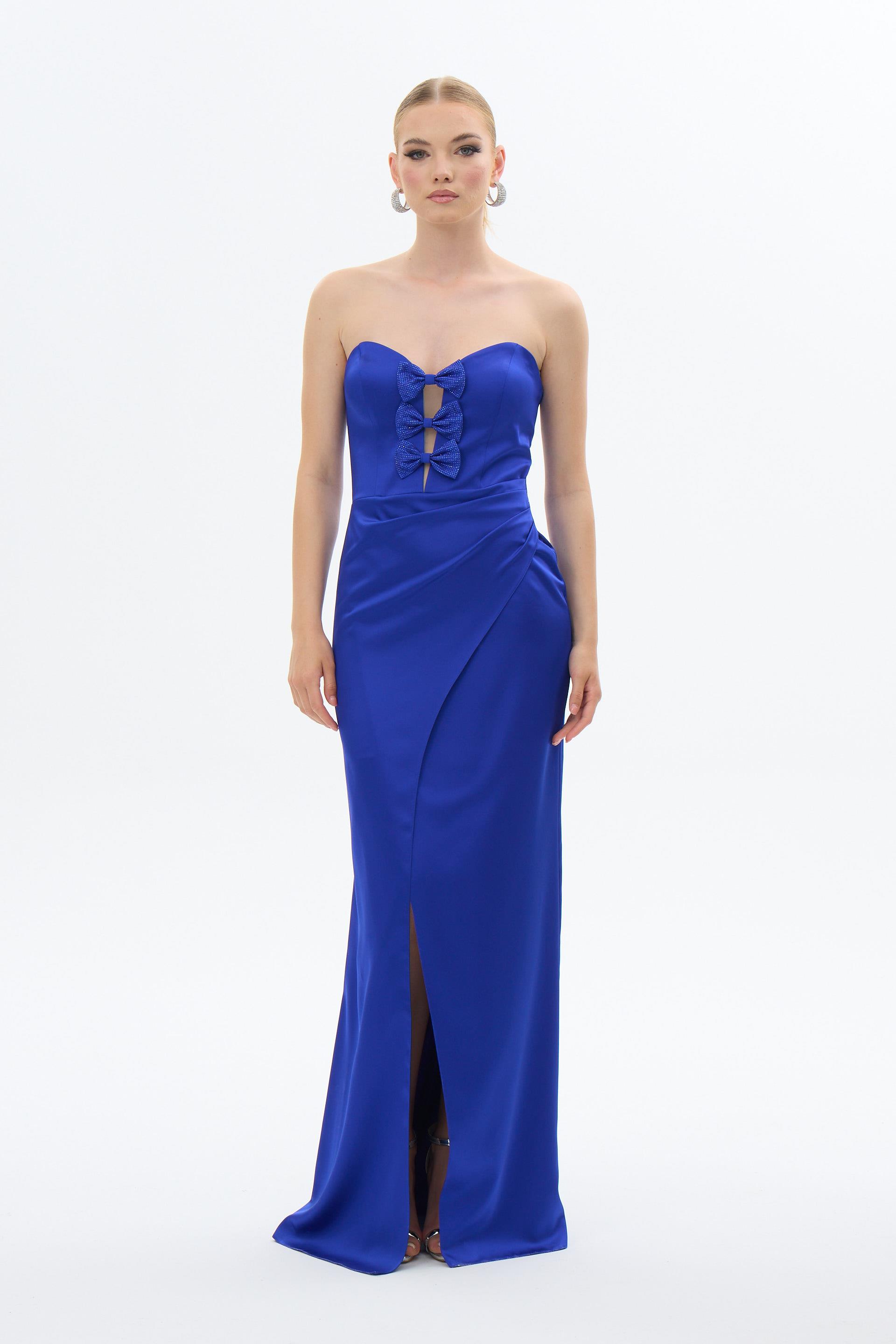 58405-25CARMENCarmen Saks Straplez Fiyonklu Saten Abiye Elbise