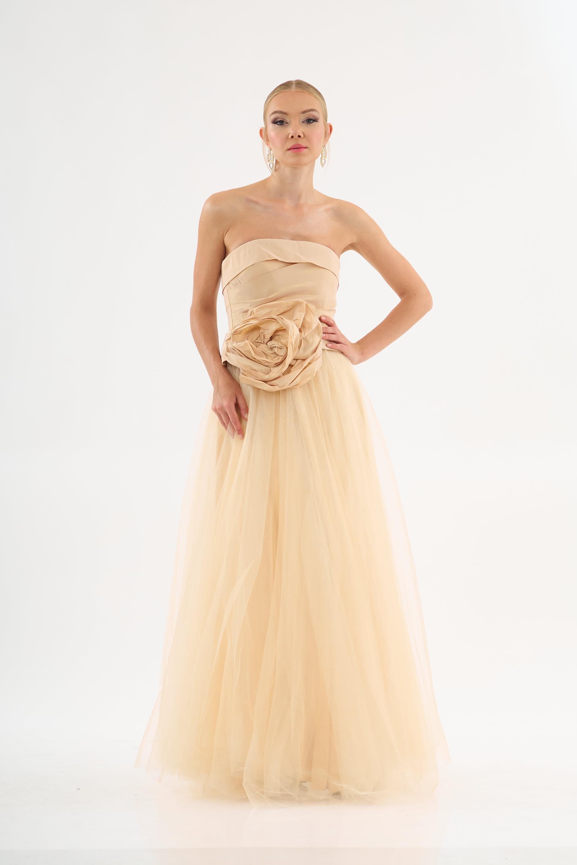 58417-9CARMENCarmen Gold Straplez Güllü Tafta Abiye Elbise