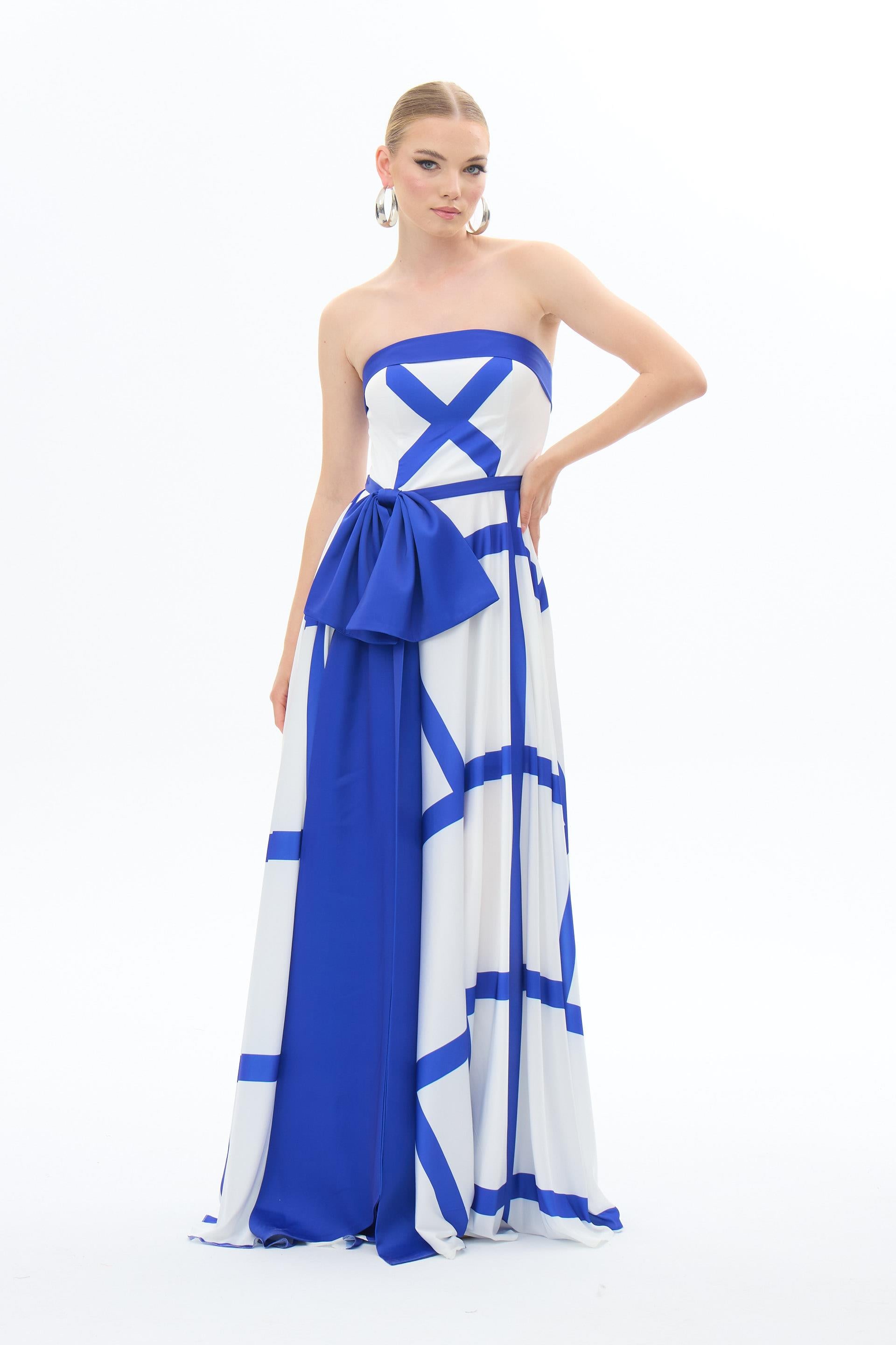 58422-25CARMENCarmen Saks Fiyonklu Ekose Saten Abiye Elbise