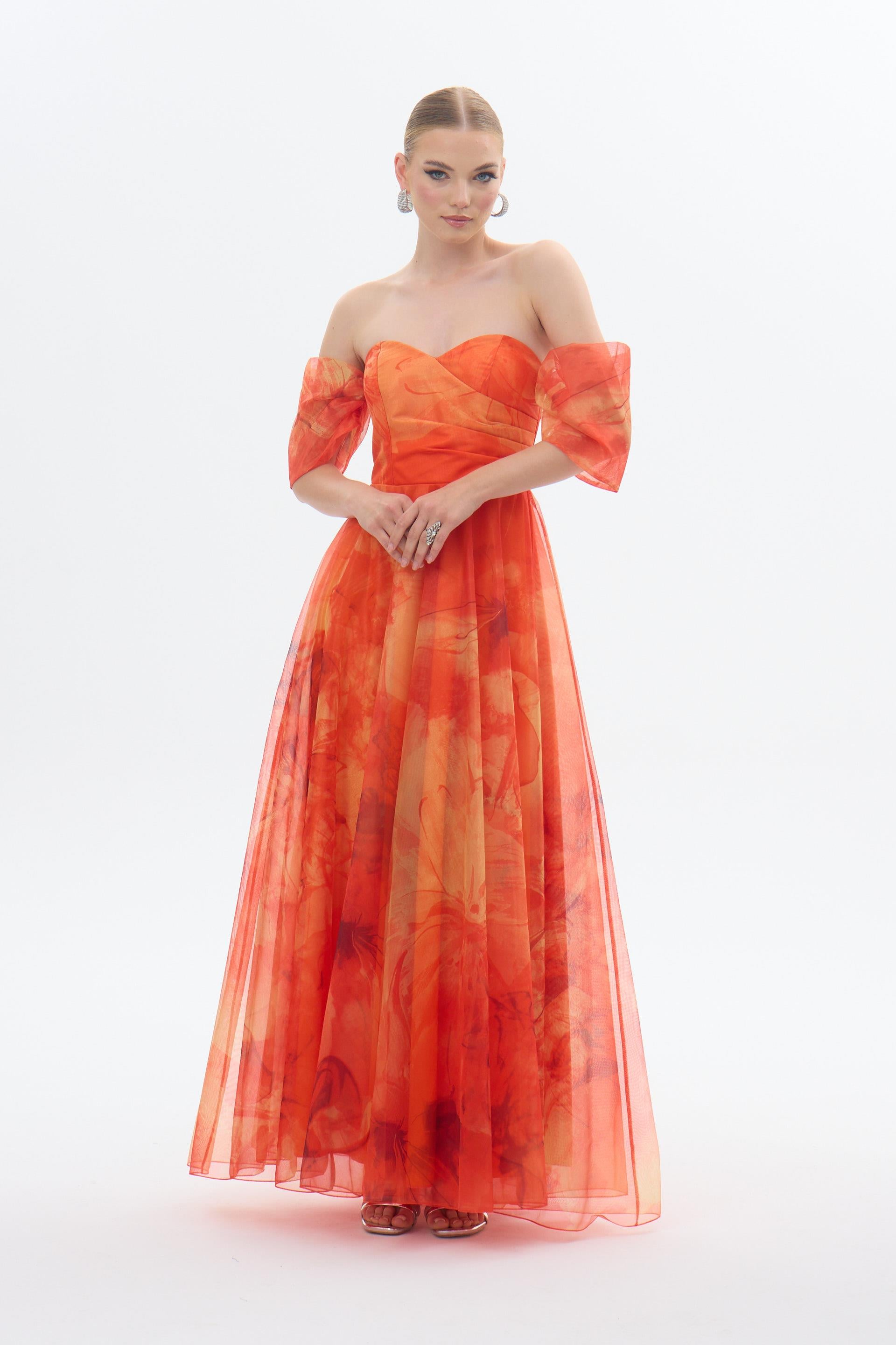 58426-106CARMENCarmen Orange Düşük Kol Empirme Organze Abiye Elbise
