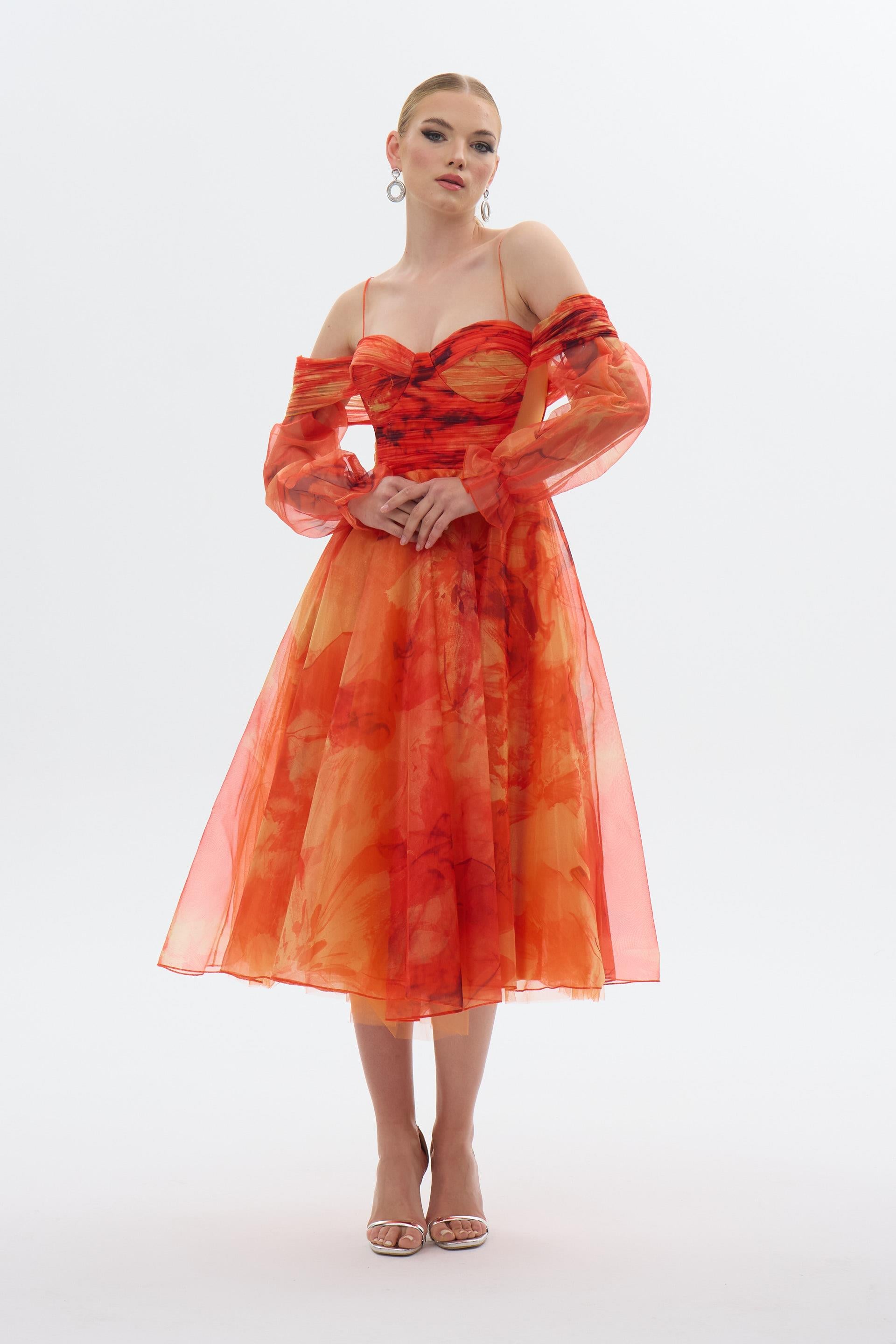 58427-106CARMENCarmen Orange Askılı Empirme Organze Abiye Elbise