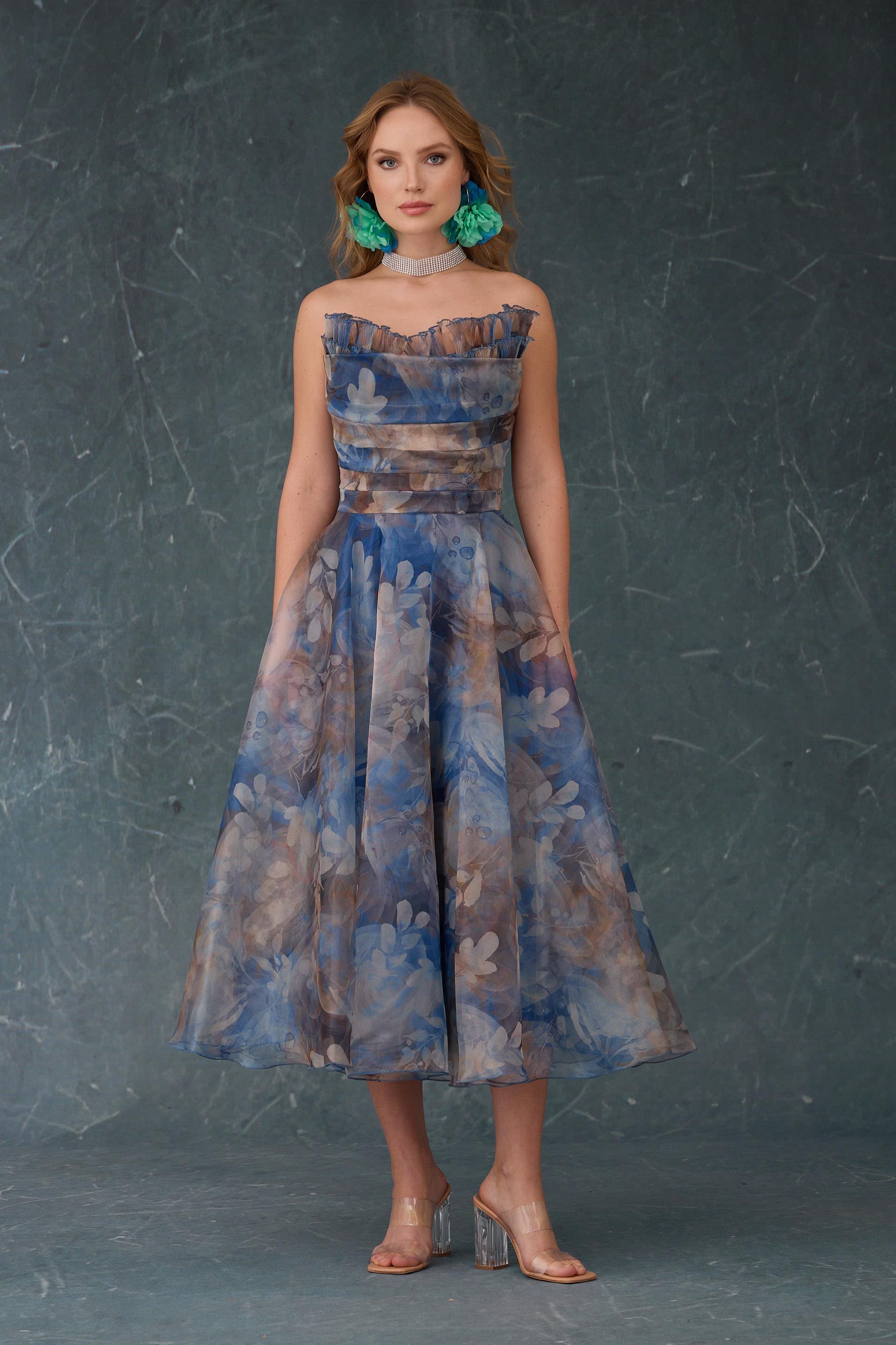 58444-54CARMENCarmen İndigo Pliseli Organze Abiye Elbise